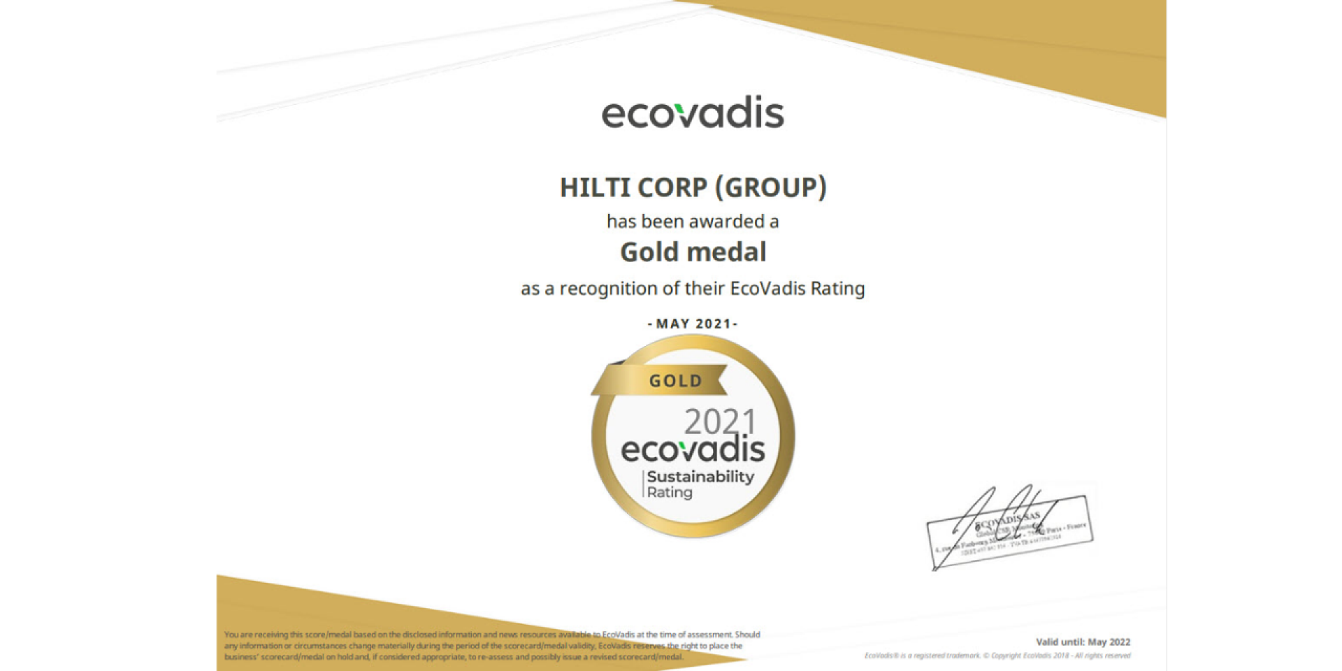 ヒルティグループがサステナビリティ評価 EcoVadisでゴールドを獲得