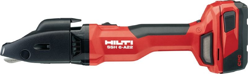 SSH 6-A22 充電式ダブルカットシャー 厚さ 2.5 mm (12 ゲージ) までのシートメタル、スパイラルダクト、その他金属の製造における、直線または曲線の高速切断に適した充電式シャー